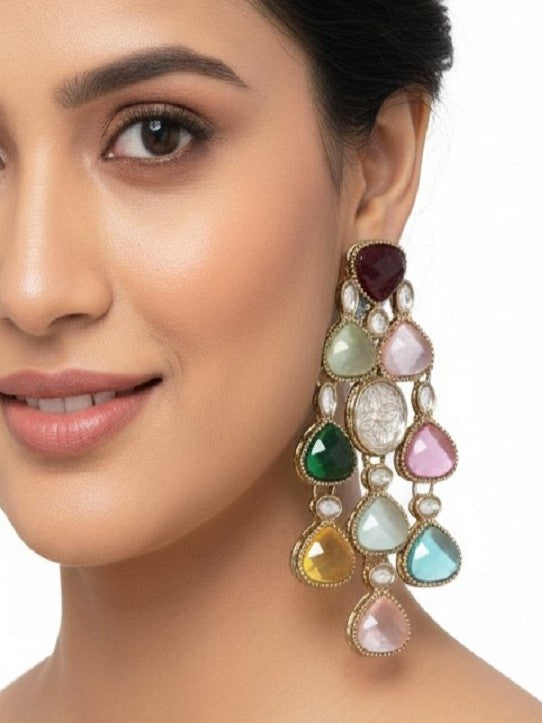 Ethnic Multi Stone & Kundan Style Statement Earrings