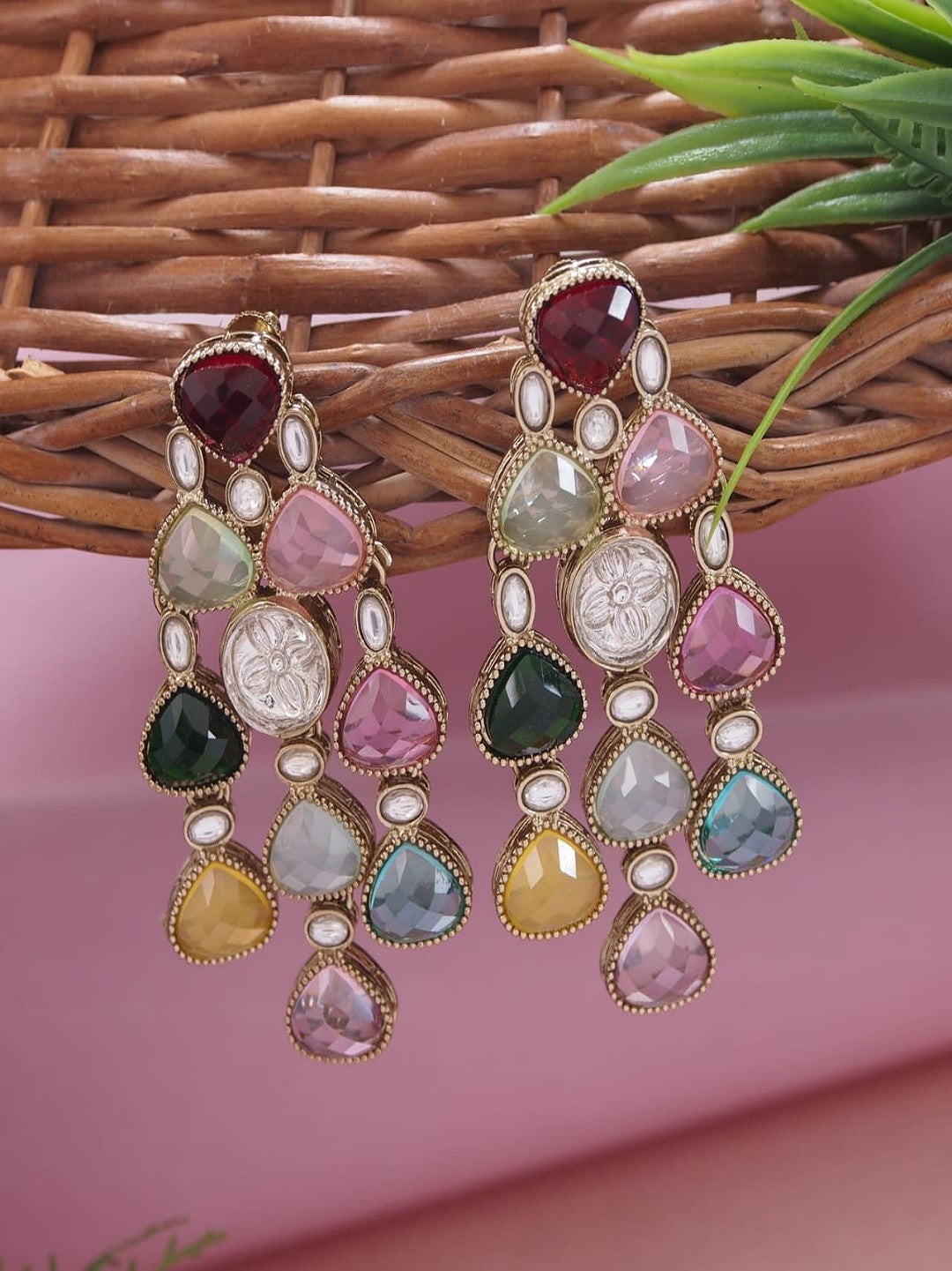 Ethnic Multi Stone & Kundan Style Statement Earrings