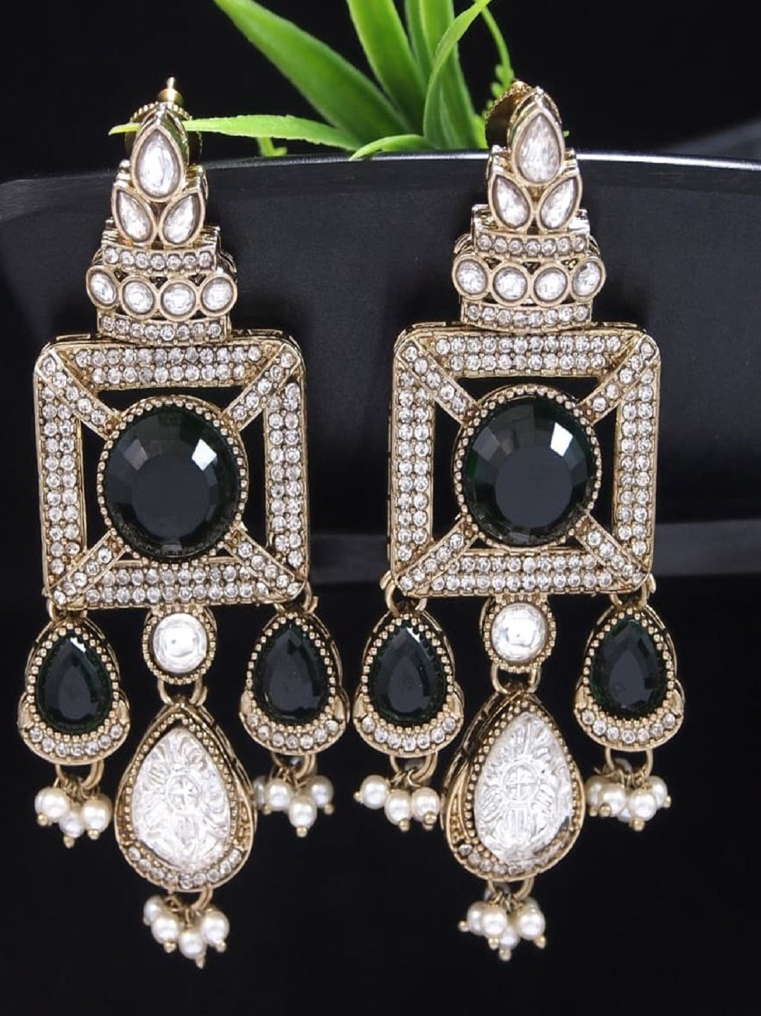 Gold-Plated Ruby-Green Stone & Pearl Drop Earrings