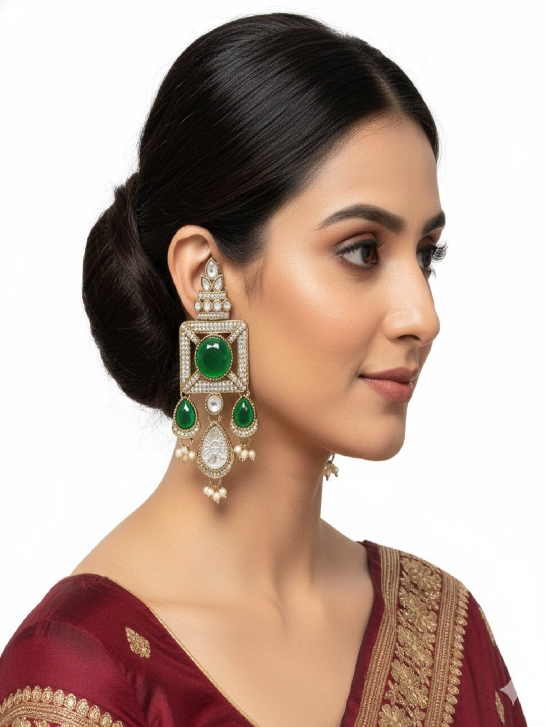 Gold-Plated Ruby-Green Stone & Pearl Drop Earrings