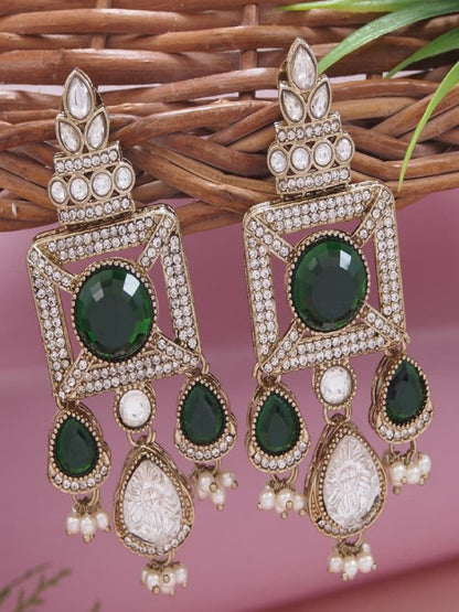 Gold-Plated Ruby-Green Stone & Pearl Drop Earrings