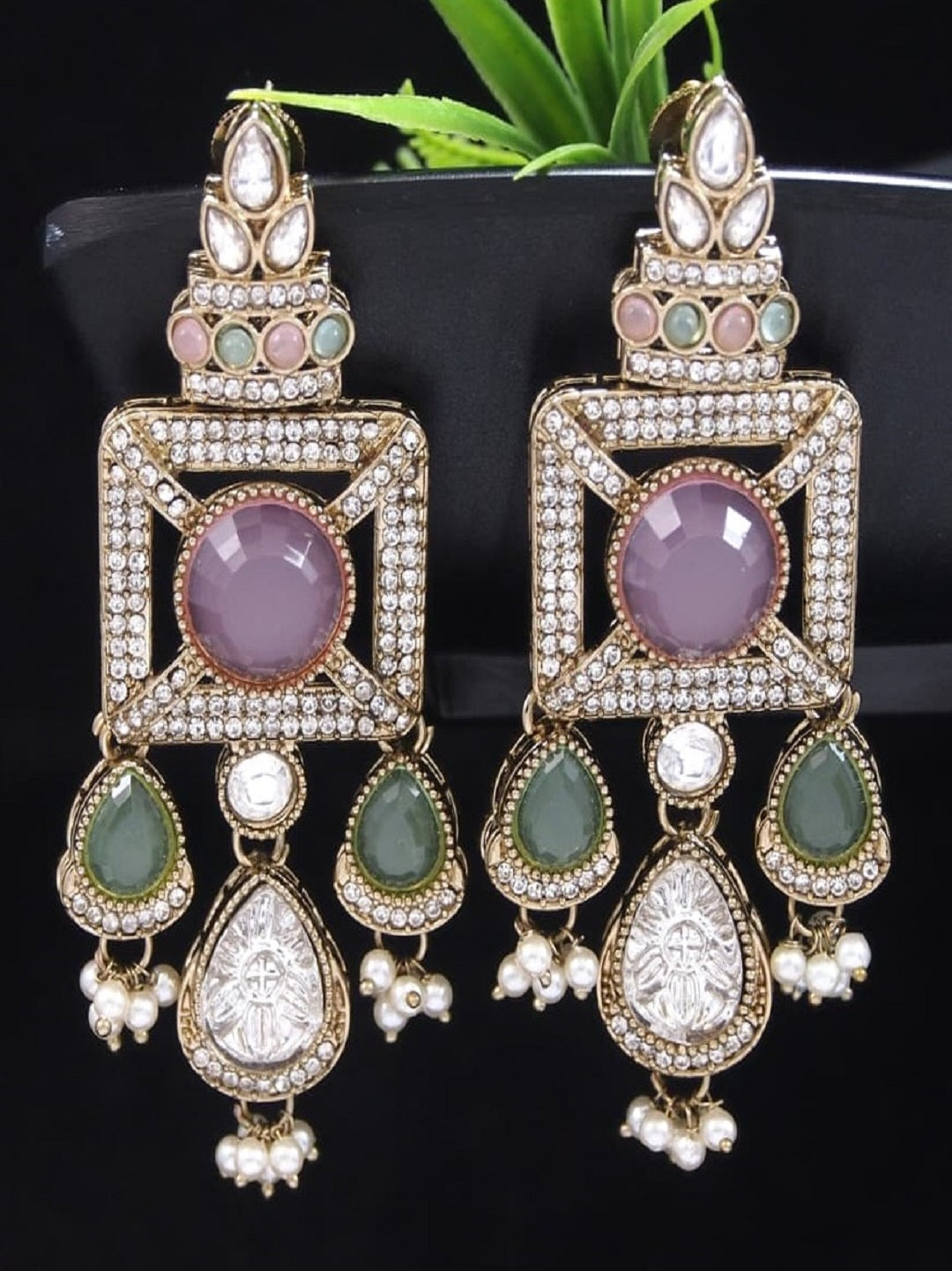 Gold-Plated Ruby-Green Stone & Pearl Drop Earrings