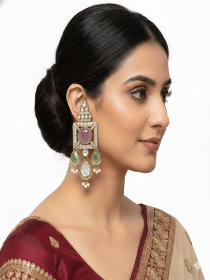 Gold-Plated Ruby-Green Stone & Pearl Drop Earrings