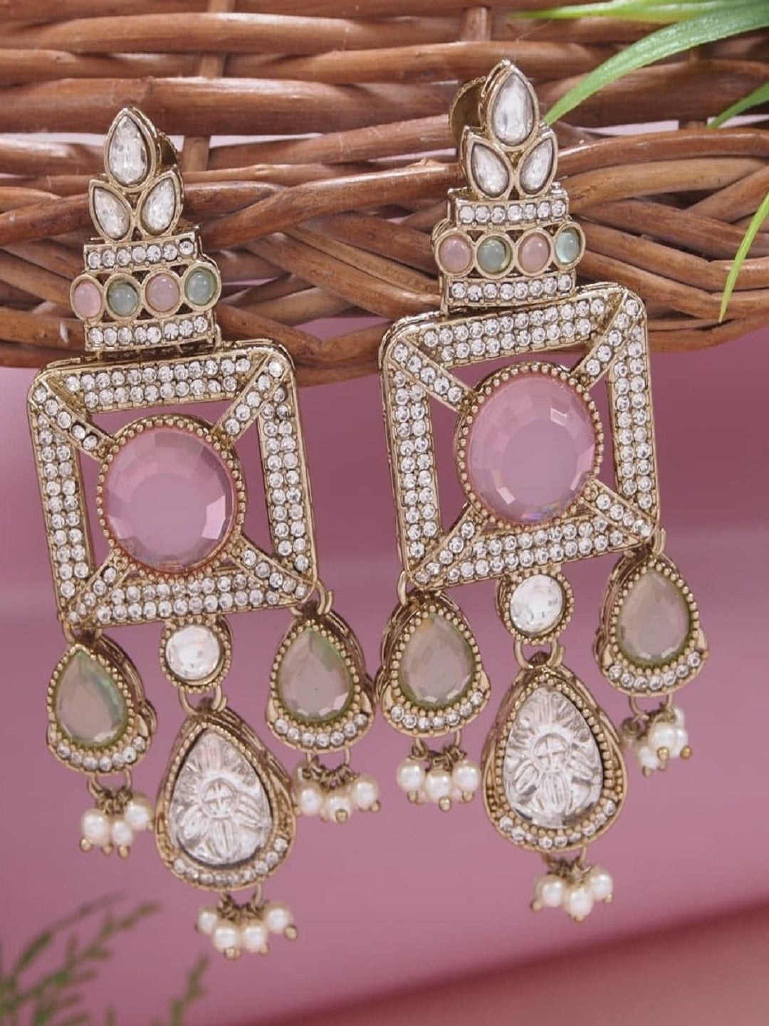 Gold-Plated Ruby-Green Stone & Pearl Drop Earrings