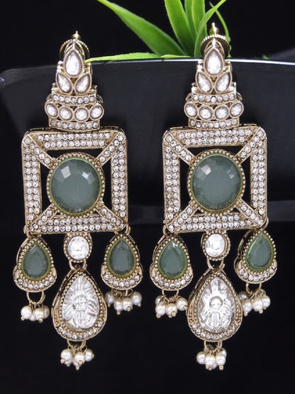 Gold-Plated Ruby-Green Stone & Pearl Drop Earrings