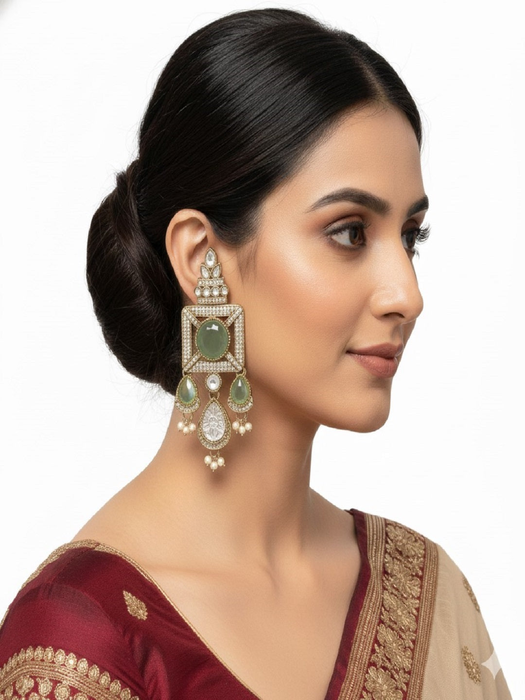 Gold-Plated Ruby-Green Stone & Pearl Drop Earrings