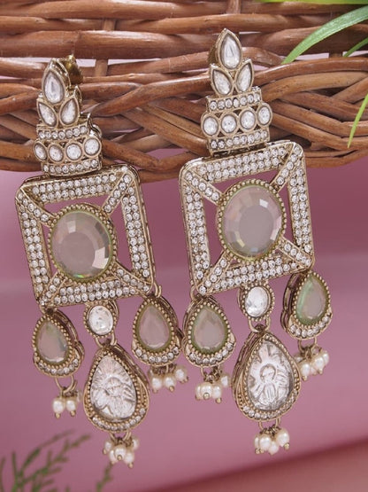 Gold-Plated Ruby-Green Stone & Pearl Drop Earrings