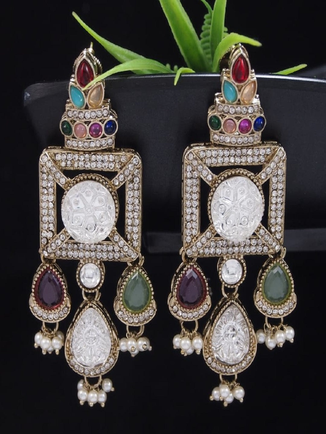 Gold-Plated Ruby-Green Stone & Pearl Drop Earrings