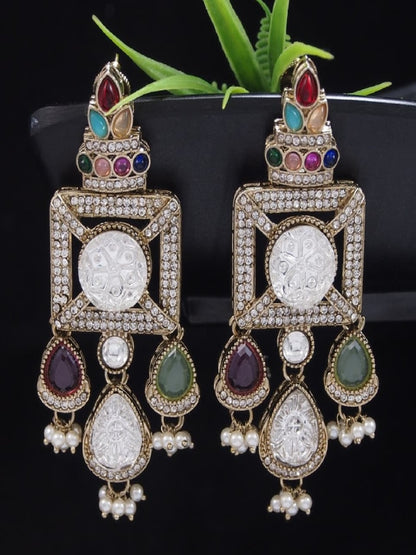 Gold-Plated Ruby-Green Stone & Pearl Drop Earrings