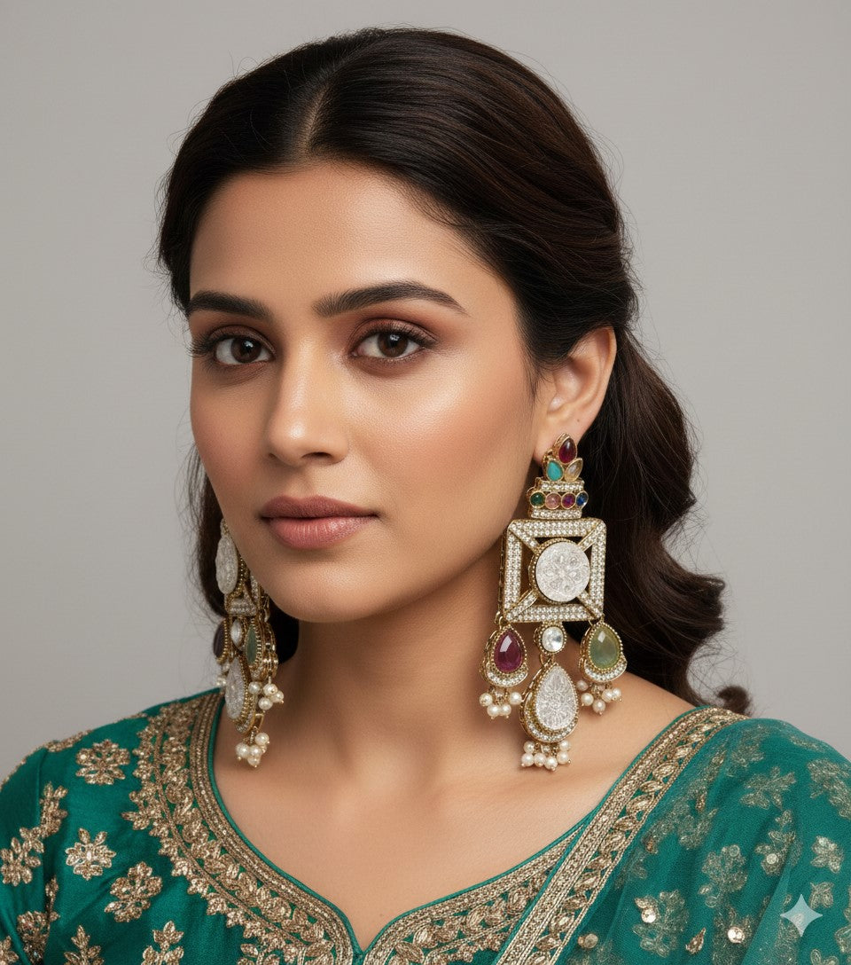 Gold-Plated Ruby-Green Stone & Pearl Drop Earrings