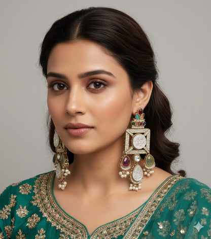 Gold-Plated Ruby-Green Stone & Pearl Drop Earrings