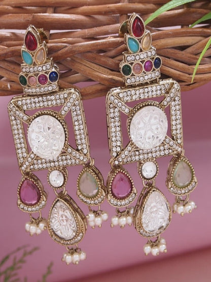 Gold-Plated Ruby-Green Stone & Pearl Drop Earrings