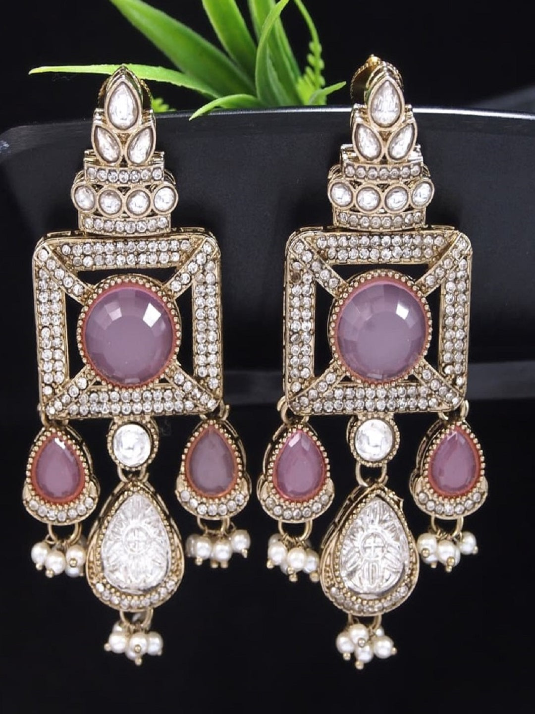Gold-Plated Ruby-Green Stone & Pearl Drop Earrings