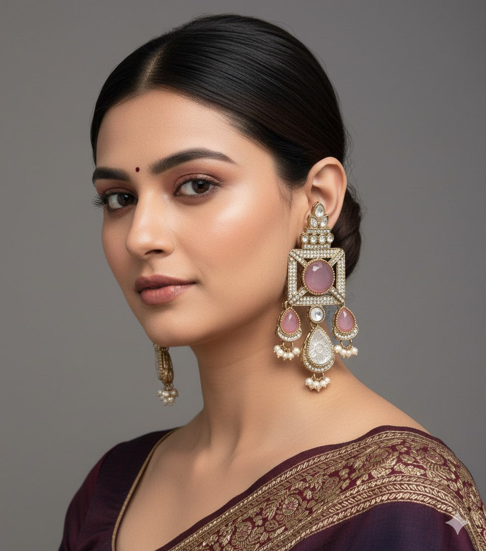 Gold-Plated Ruby-Green Stone & Pearl Drop Earrings