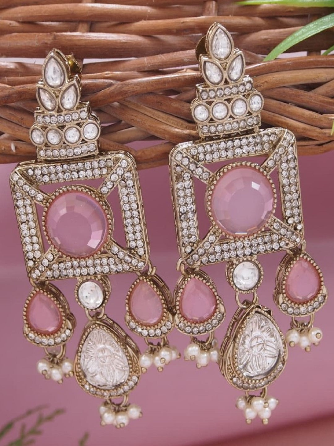 Gold-Plated Ruby-Green Stone & Pearl Drop Earrings