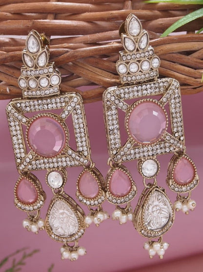Gold-Plated Ruby-Green Stone & Pearl Drop Earrings