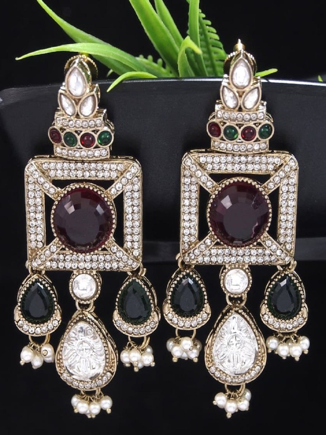 Gold-Plated Ruby-Green Stone & Pearl Drop Earrings