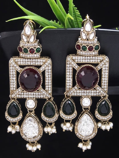 Gold-Plated Ruby-Green Stone & Pearl Drop Earrings