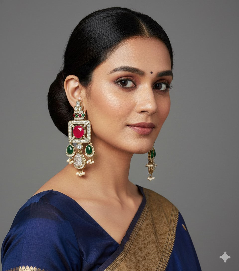 Gold-Plated Ruby-Green Stone & Pearl Drop Earrings