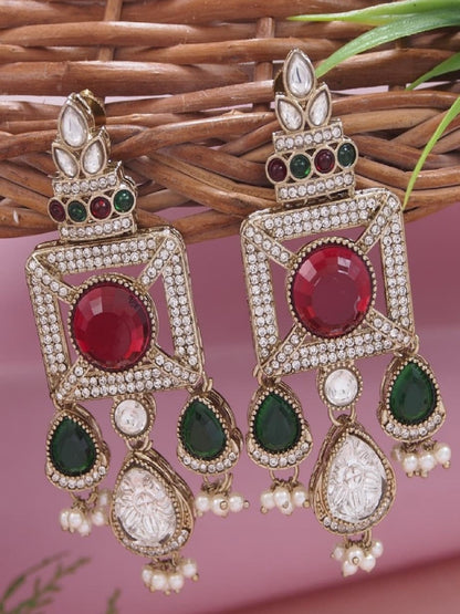 Gold-Plated Ruby-Green Stone & Pearl Drop Earrings