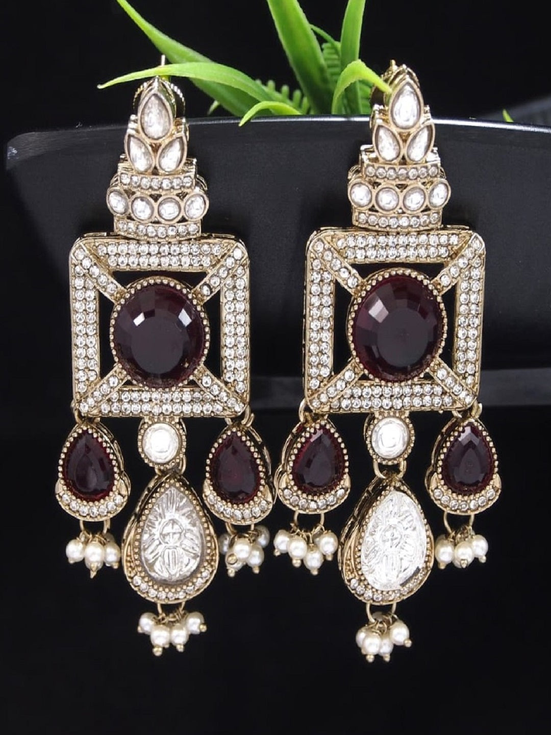 Gold-Plated Ruby-Green Stone & Pearl Drop Earrings