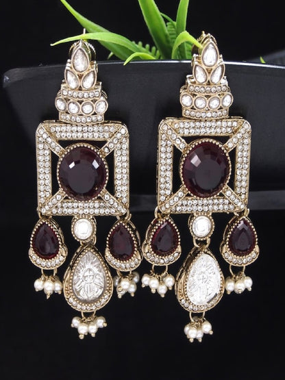 Gold-Plated Ruby-Green Stone & Pearl Drop Earrings