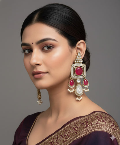 Gold-Plated Ruby-Green Stone & Pearl Drop Earrings