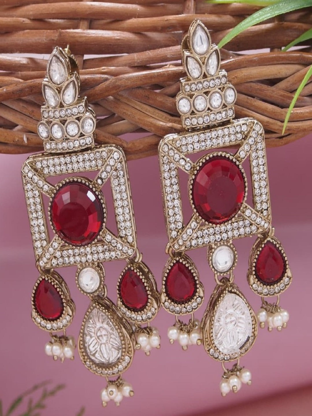 Gold-Plated Ruby-Green Stone & Pearl Drop Earrings