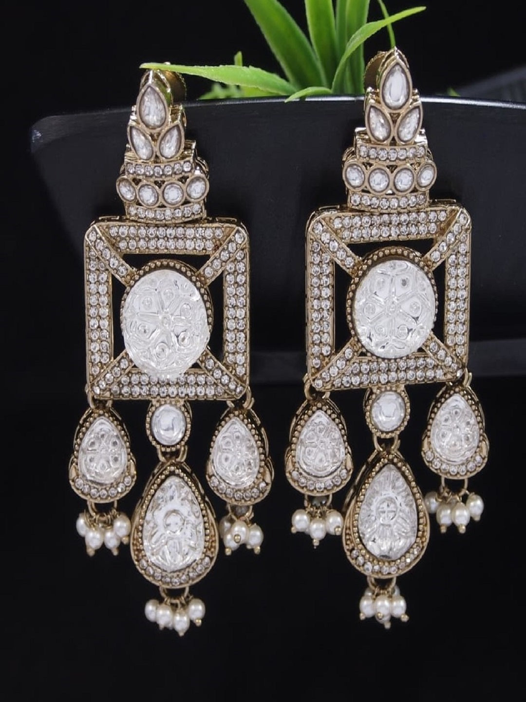 Gold-Plated Ruby-Green Stone & Pearl Drop Earrings