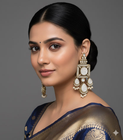 Gold-Plated Ruby-Green Stone & Pearl Drop Earrings
