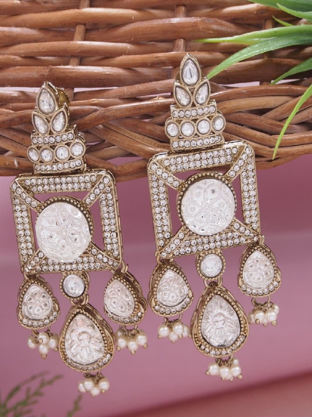 Gold-Plated Ruby-Green Stone & Pearl Drop Earrings