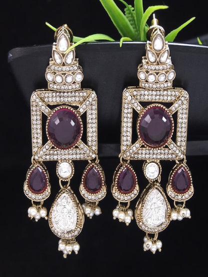 Gold-Plated Ruby-Green Stone & Pearl Drop Earrings