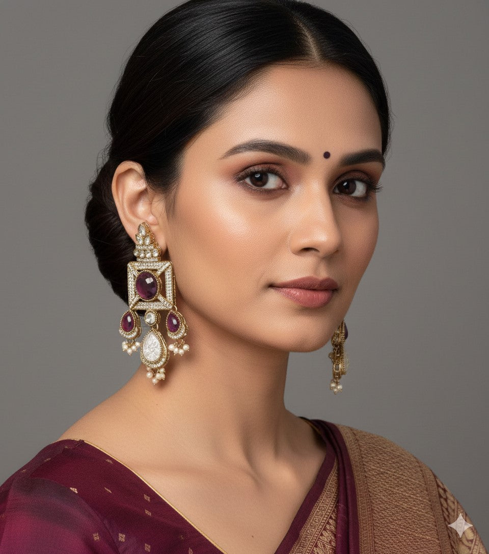 Gold-Plated Ruby-Green Stone & Pearl Drop Earrings