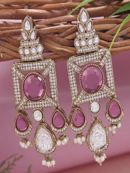 Gold-Plated Ruby-Green Stone & Pearl Drop Earrings