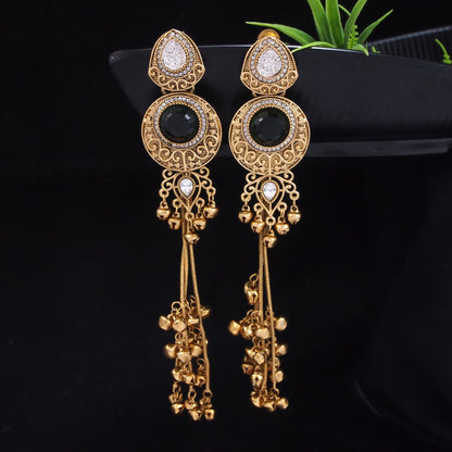 Gold-Plated Kashmiri Drop Long Earrings with Kundan Detailing & Ghungroo Work