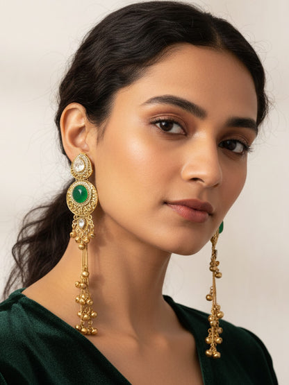 Gold-Plated Kashmiri Drop Long Earrings with Kundan Detailing & Ghungroo Work