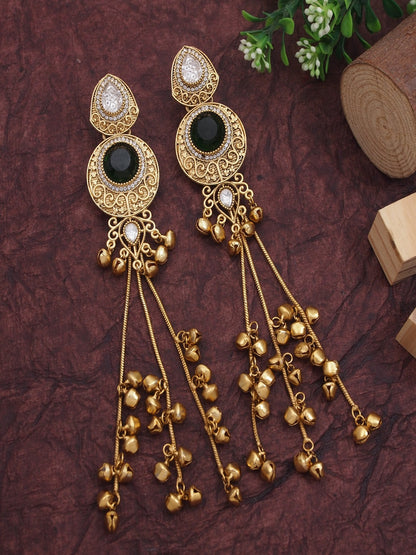 Gold-Plated Kashmiri Drop Long Earrings with Kundan Detailing & Ghungroo Work