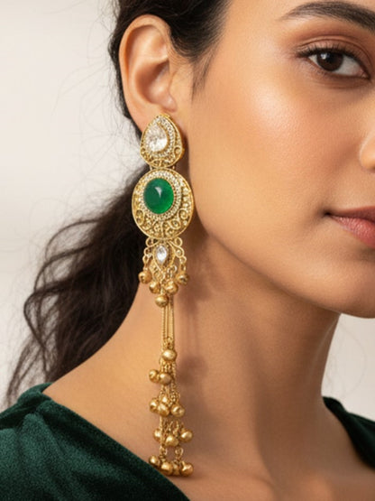 Gold-Plated Kashmiri Drop Long Earrings with Kundan Detailing & Ghungroo Work