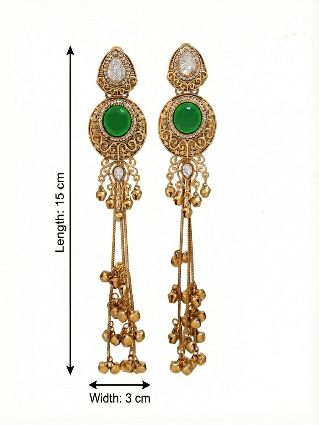 Gold-Plated Kashmiri Drop Long Earrings with Kundan Detailing & Ghungroo Work