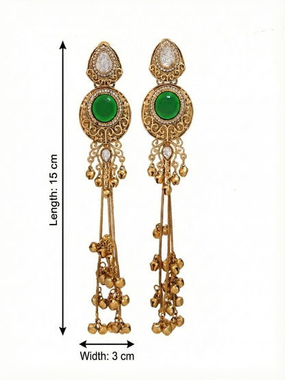 Gold-Plated Kashmiri Drop Long Earrings with Kundan Detailing & Ghungroo Work