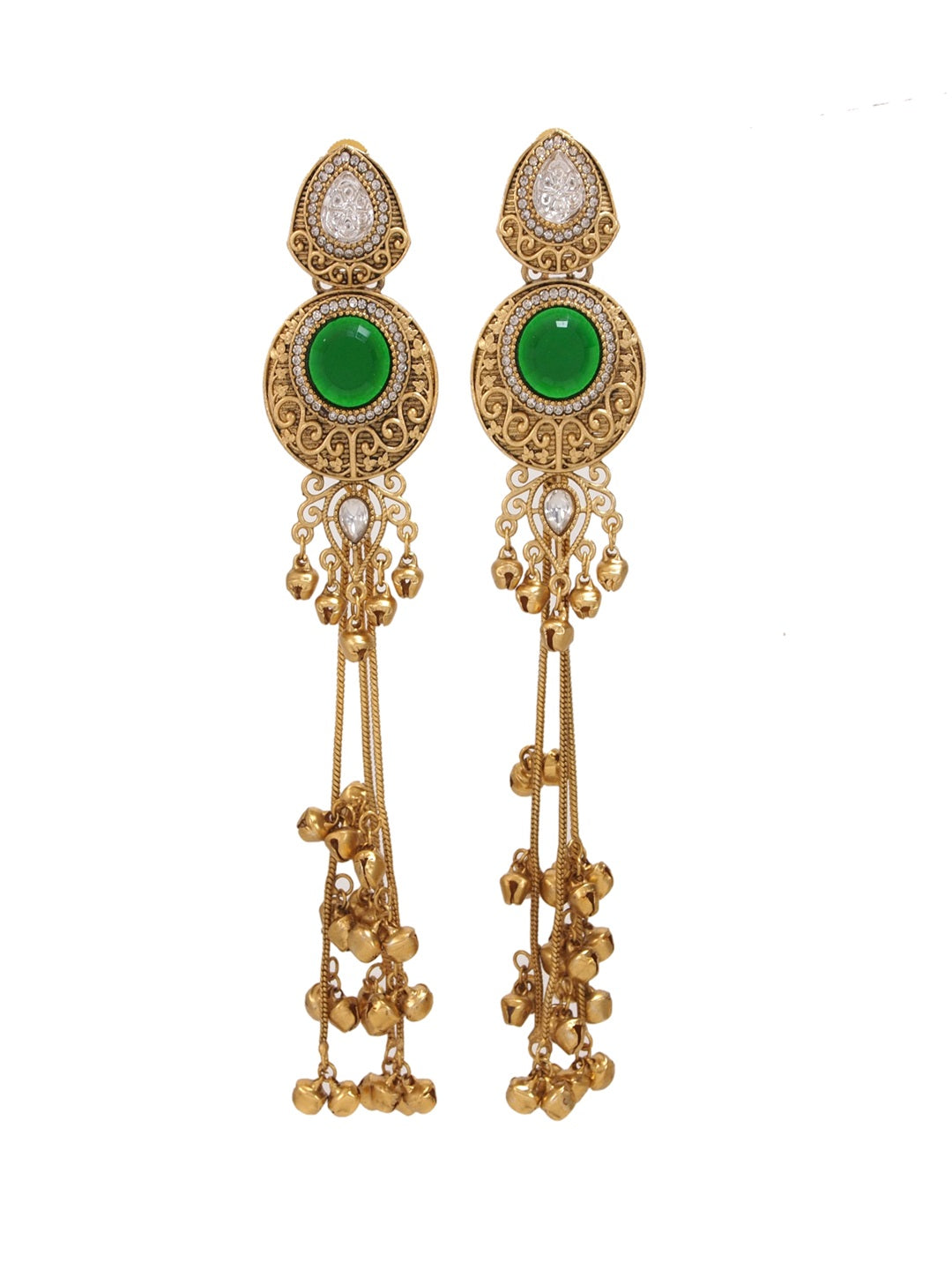 Gold-Plated Kashmiri Drop Long Earrings with Kundan Detailing & Ghungroo Work