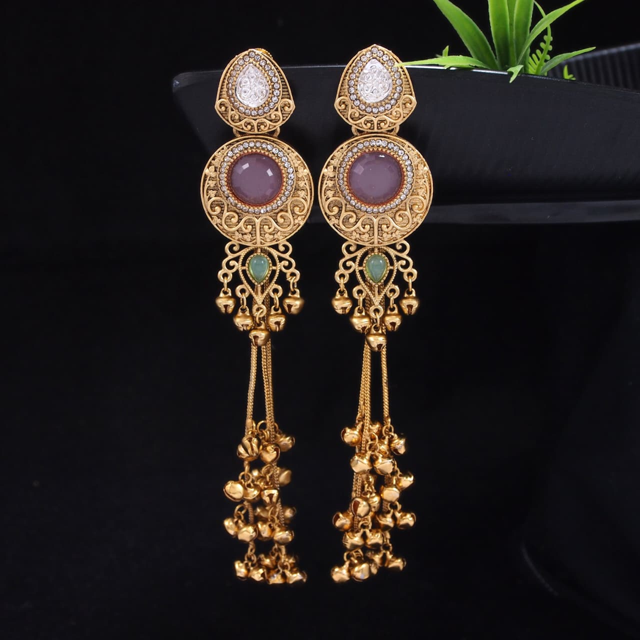 Gold-Plated Kashmiri Drop Long Earrings with Kundan Detailing & Ghungroo Work