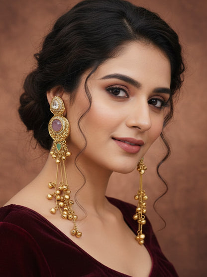 Gold-Plated Kashmiri Drop Long Earrings with Kundan Detailing & Ghungroo Work