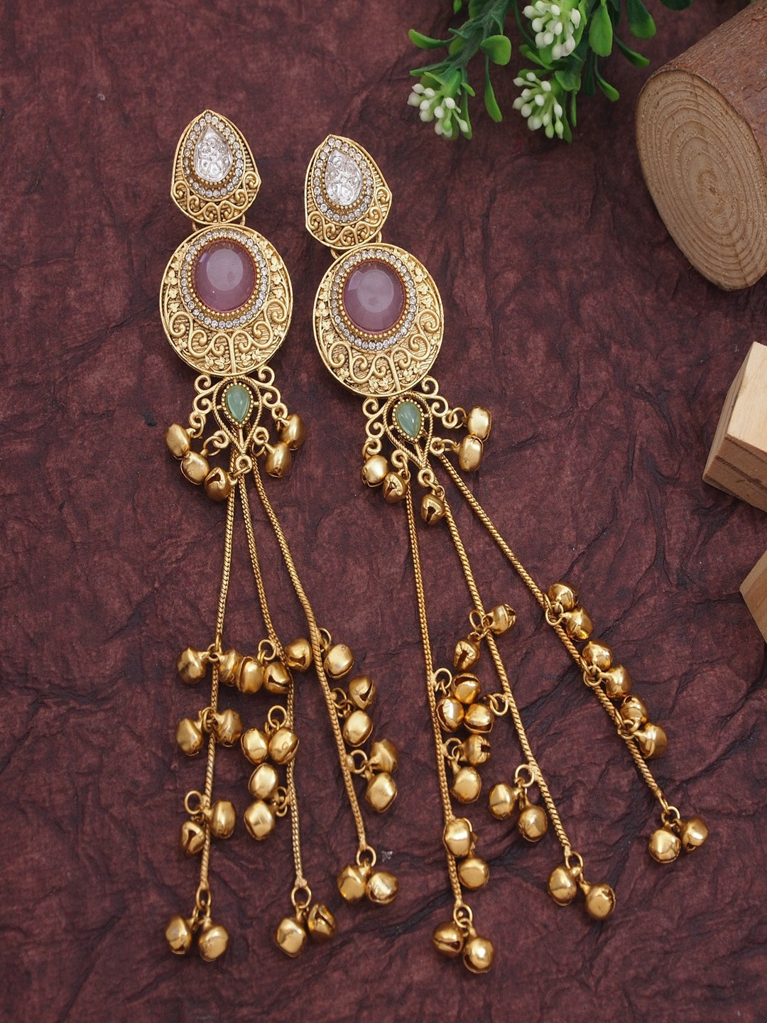 Gold-Plated Kashmiri Drop Long Earrings with Kundan Detailing & Ghungroo Work
