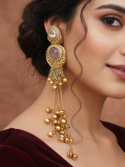 Gold-Plated Kashmiri Drop Long Earrings with Kundan Detailing & Ghungroo Work