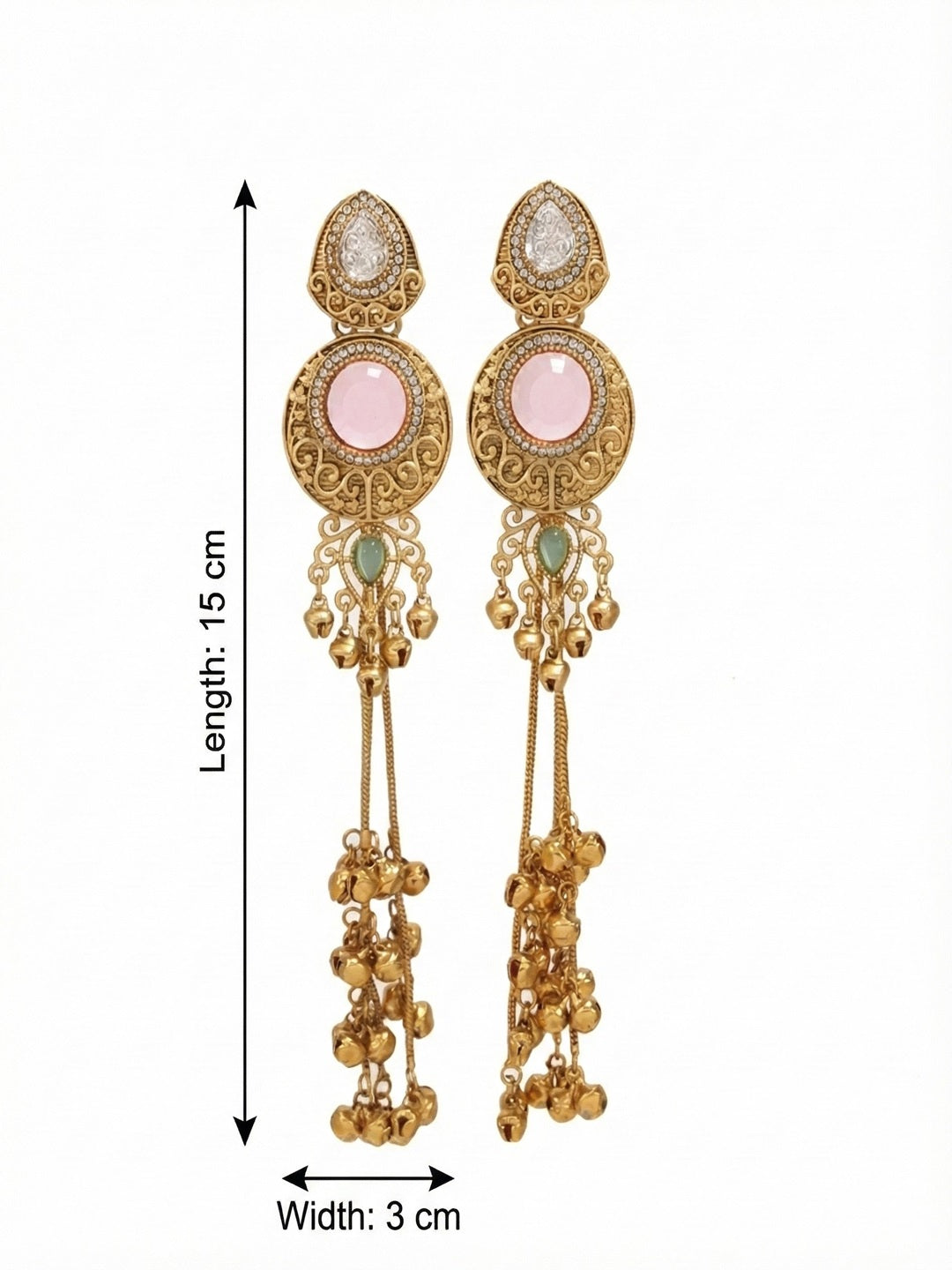 Gold-Plated Kashmiri Drop Long Earrings with Kundan Detailing & Ghungroo Work
