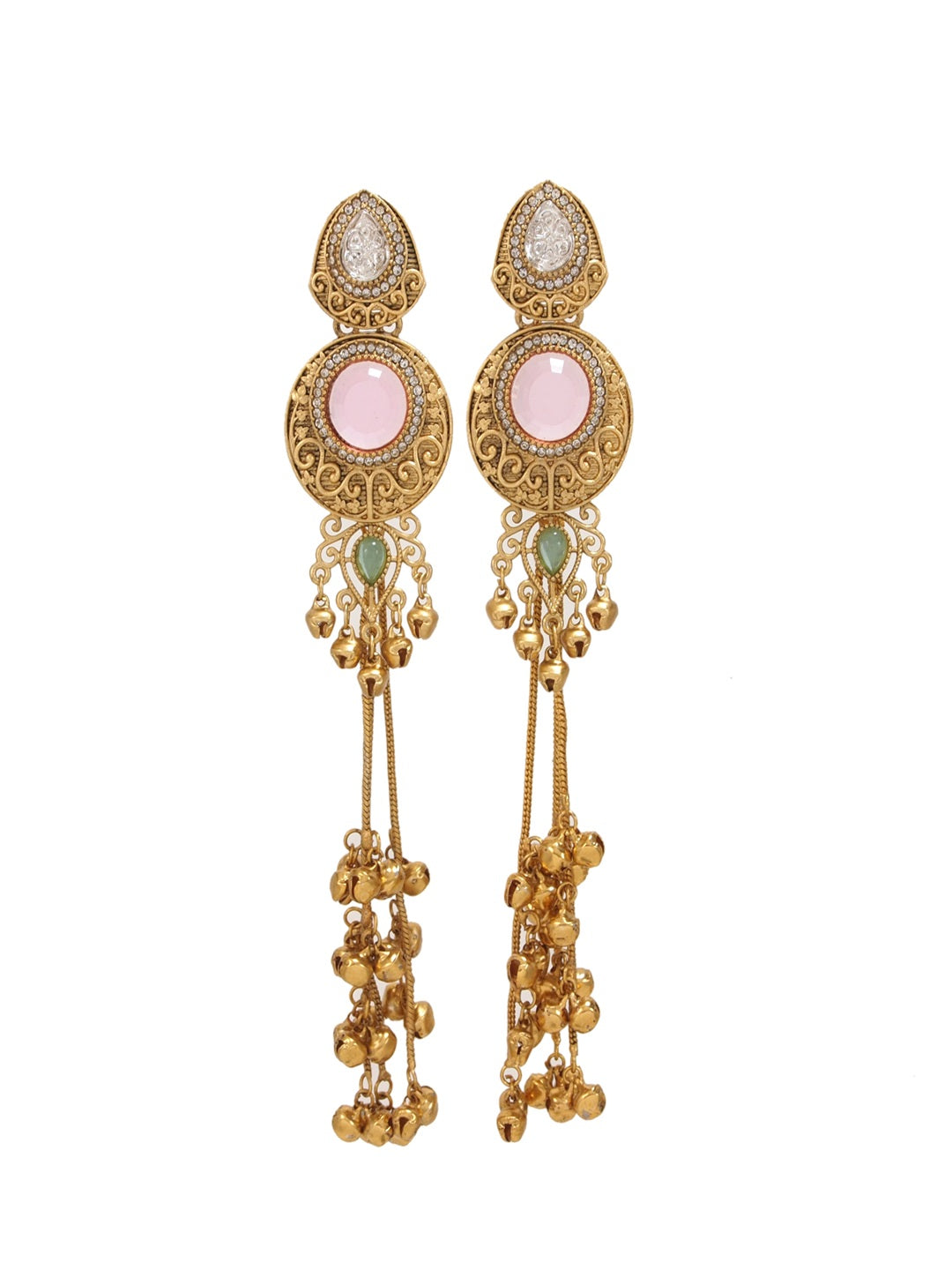 Gold-Plated Kashmiri Drop Long Earrings with Kundan Detailing & Ghungroo Work