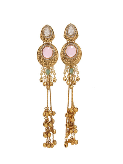 Gold-Plated Kashmiri Drop Long Earrings with Kundan Detailing & Ghungroo Work