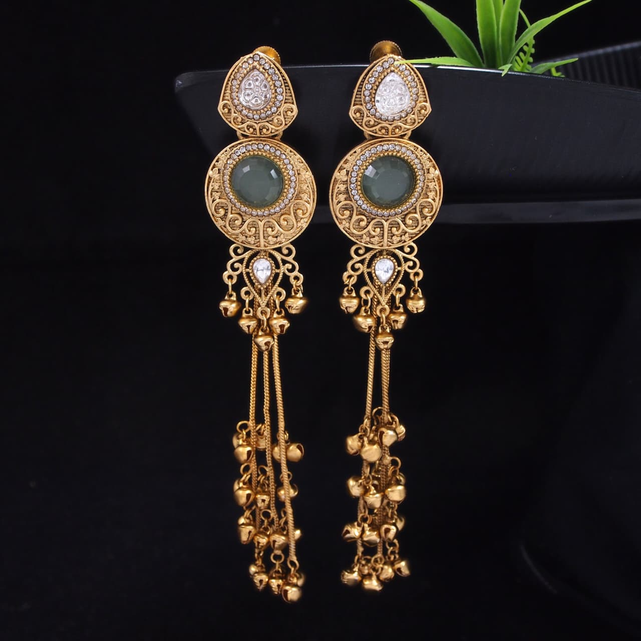 Gold-Plated Kashmiri Drop Long Earrings with Kundan Detailing & Ghungroo Work