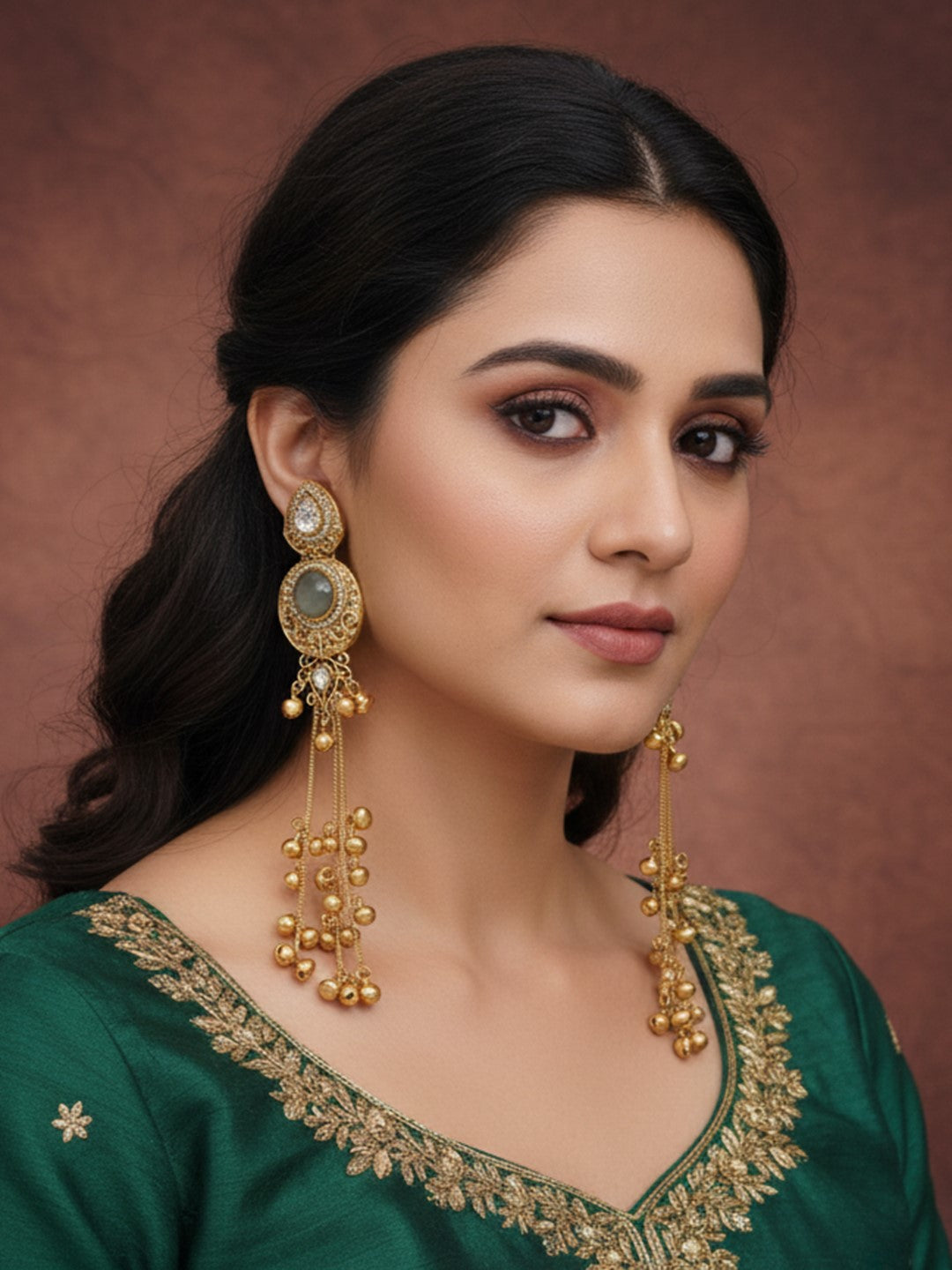 Gold-Plated Kashmiri Drop Long Earrings with Kundan Detailing & Ghungroo Work